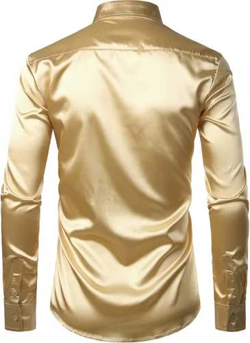 Vista 2 de ZEROYAA Camisas de vestir con botones de satén de seda brillante de lujo para hombre