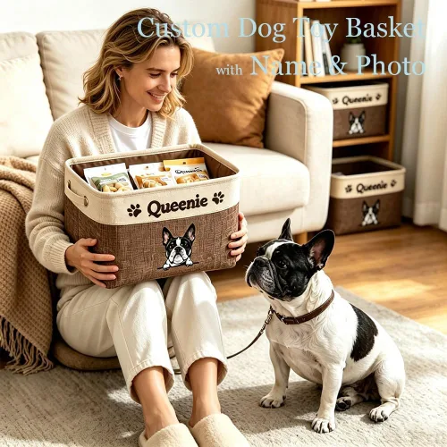 Vista 2 de Cesta de almacenamiento plegable personalizada con lindo borde de perro, plegable y resistente de tela resistente para juguetes de mascotas, cubo