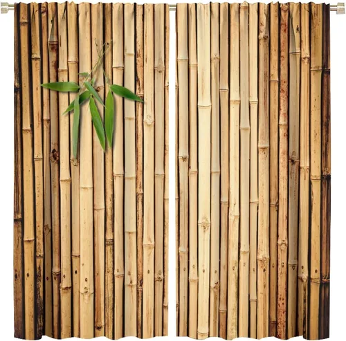 Vista 21 de Cortinas con estampado de bambú, tallos y hojas de bambú, temática oriental natural, oscurecimiento de habitación, ventana, ventana, cortina
