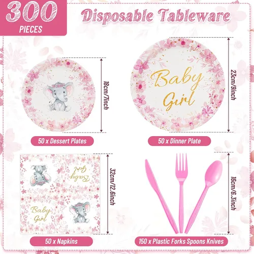 Vista 2 de Bokon Juego de 300 platos de elefante para baby shower, para 50 vajillas, incluye platos, servilletas, tenedores, cucharas, cuchillos, elefante
