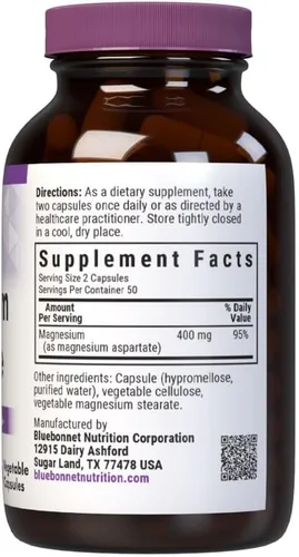 Vista 2 de Bluebonnet Nutrition Magnesio 400 mg de aspartato de magnesio quelatado diario mineral, corazón y hueso* Suplemento para hombres y mujeres vegano