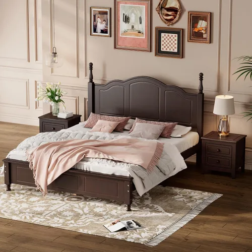 Vista 13 de Merax Juego de muebles de dormitorio de madera rústica moderna de 3 piezas con marco de cama de tamaño matrimonial, 2 mesitas de noche con cajones