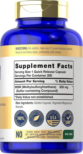 Vista 2 de Carlyle MSM Suplemento Cápsulas 500mg 200 unidades Fórmula sin OMG y sin gluten Metilsulfonilmetano
