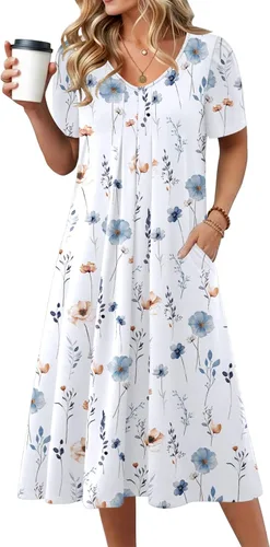 Vista 27 de Zeagoo Vestido de verano para mujer, casual, floral, midi, con bolsillos, cuello en V, plisado, manga corta, estilo alineado, para vacaciones