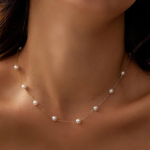 Vista 5 de HANLI Collar de perlas de oro chapado en oro de 14 quilates, delicado collar de perlas de agua dulce, collar de perlas simples para el día a día