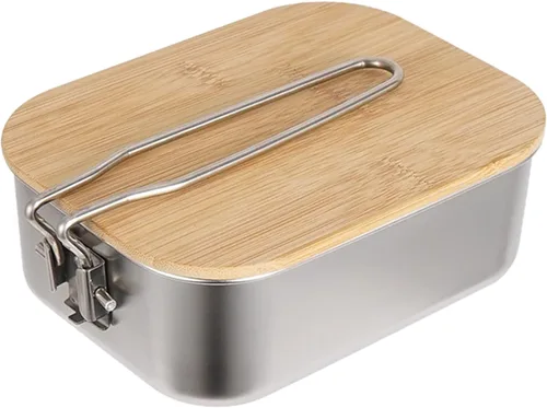 Vista 6 de VALINK Caja de almuerzo, caja Bento de acero inoxidable con asa plegable, recipientes de alimentos con tapa de bambú para acampar al aire libre