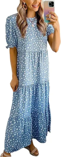 Vista 2 de IFFEI Vestidos de verano para mamá y yo, estilo bohemio, a juego, con volantes, manga abombada, cintura alta, vestido largo por debajo