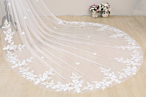 Vista 3 de Elawbty Velo de novia de boda con flor de encaje catedral de 1 nivel con peine para mujer