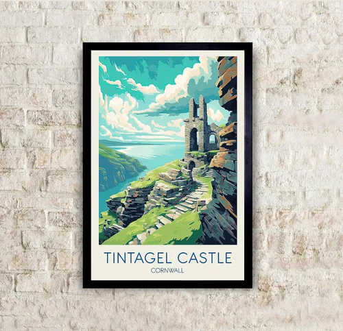 Vista 2 de Cartel de viaje del castillo de Tintagel, Cartel del castillo de Tintagel, Castillo de Tintagel, pintura de paisaje urbano, carteles de viaje