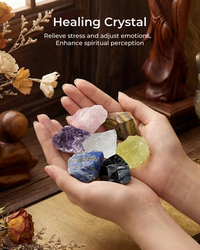 Vista 4 de Cristales y piedras curativas, juego de 21 piezas de cristales curativos, juego de 7 piedras de cristal de chakras, pirámide de selenita cruda