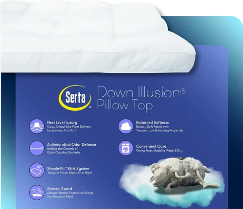 Vista 6 de SERTA Down Illusion - Cubrecolchón suave hipoalergénico de 2 pulgadas con parte superior de almohada, ajuste simple, individual, color blanco