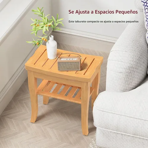 Vista 7 de Banco de ducha de bambú, taburete de ducha pequeño de spa para ducha interior, impermeable, asiento de baño con estante de almacenamiento