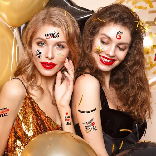 Vista 7 de 65 piezas de suministros para fiesta de Año Nuevo, 12 hojas de calcomanías de tatuajes temporales, decoraciones de feliz año nuevo, decoración NYE
