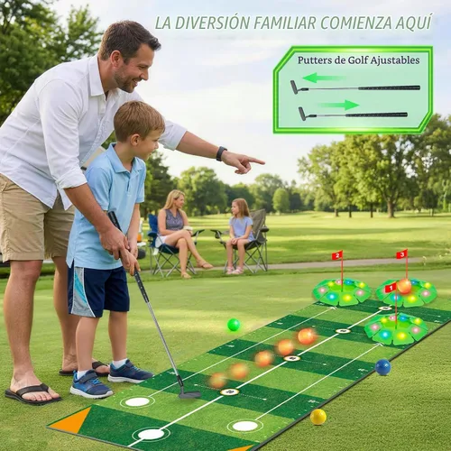 Vista 5 de VATOS Juego de juguetes de golf para niños, juego de golf iluminado con tapete de putting de 6.5 pies, putter de golf, 3 agujeros, 4 bolas
