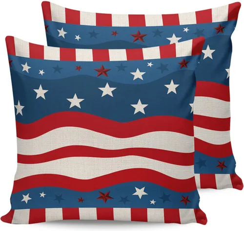 Vista 7 de Funda de almohada impermeable para el Día de la Independencia para exteriores, diseño de estrella en ondas rojas y azules, fundas de cojín