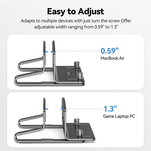 Vista 11 de TECKNET Soporte vertical para laptop, soporte ajustable de aluminio para laptop (hasta 17.3 pulgadas), soporte vertical que ahorra espacio
