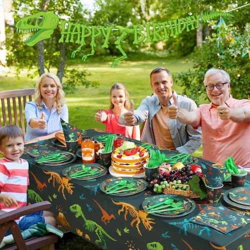Vista 5 de Uiifan 171 piezas de decoraciones de cumpleaños de dinosaurios con platos de cumpleaños de dinosaurios, vasos de papel, manteles, servilletas