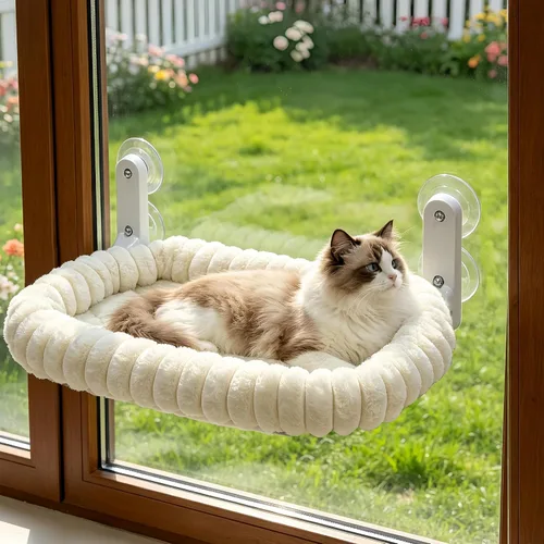 Vista 9 de AMOSIJOY Percha de Ventana Inalámbrica para Gato, Hamaca para Gato para Pared con 4 Ventosas, Ancla y Tornillo para Dos Formas de Instalación