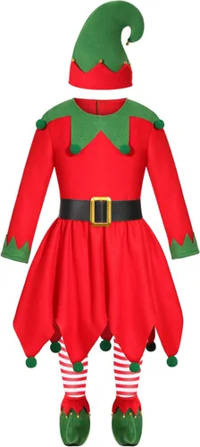 Vista 2 de Disfraz de elfo de Navidad para niñas, disfraz de ayudante de Papá Noel con sombrero de elfo, medias de Navidad