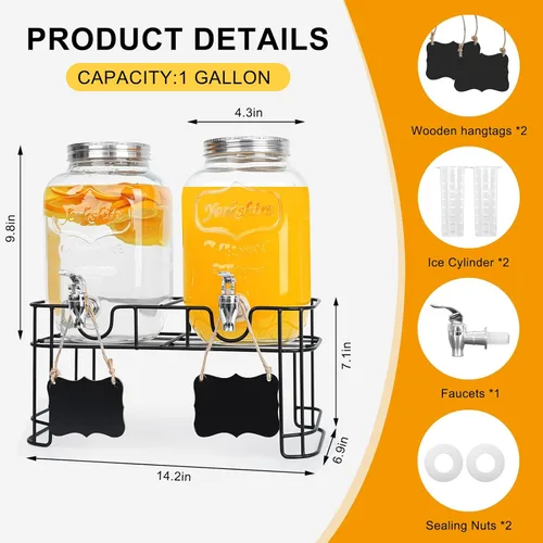 Vista 2 de Paquete de 2 dispensadores de bebidas de vidrio de 1 galón para fiestas - Dispensador de bebidas a prueba de fugas con soporte, grifo, cilindro