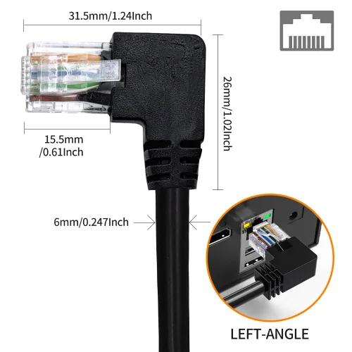 Vista 2 de Cable Ethernet Cat 6 de 90 grados en ángulo izquierdo, 3.3 pies, cable de conexión de red RJ45 en ángulo abajo/arriba/derecho/izquierdo, cable