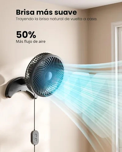 Vista 3 de Koonie - Ventilador de pared de 8'', ventilador pequeño silencioso de pared con temporizador, control remoto cableado de 8.2 pies, oscilación