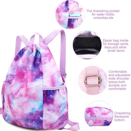 Vista 4 de RHCPFOVR Mochila con cordón para niños, bolsas de unicornio para niñas, gimnasio, baile, playa, natación, bolsa de viaje con dos soportes