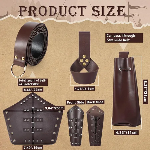 Vista 2 de Xtinmee 5 piezas de accesorios de disfraz de cuero medieval renacentista para Halloween, cinturón medieval, protector de brazo, espada, daga, rana