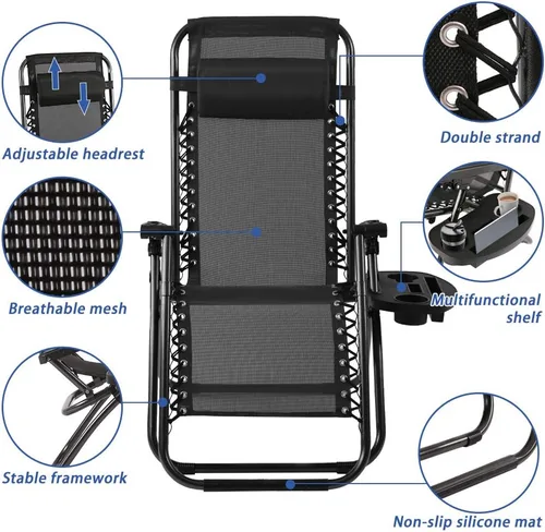 Vista 3 de Vnewone Zero Gravity - Juego de 2 sillas plegables para patio, plegables, antireclinables, con almohada y soporte para tazas, color negro