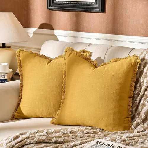Vista 18 de Paquete de 2 fundas de almohada de lino con borlas con flecos decorativas rústicas naturales para cojín de sofá, sofá, dormitorio 16 x 16 pulgadas