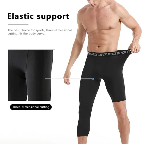 Vista 43 de Pantalones de compresión para hombre, mallas de compresión de una pierna para baloncesto, capri 3/4, leggings atléticos, capa base de secado fresco