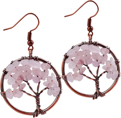 Vista 8 de SUNYIK - Aretes para mujer estilo retro, con piedras en forma de el árbol de la vida. Rosado