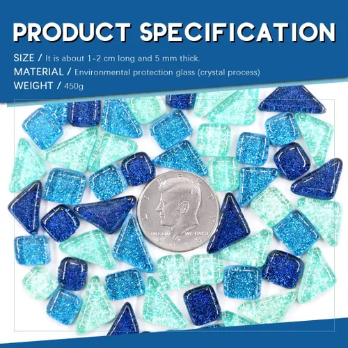 Vista 2 de Swpeet Azulejos de mosaico de vidrio de 2 libras, vitrales para manualidades, colores y patrones mezclados, mezcla de azul y azul marino
