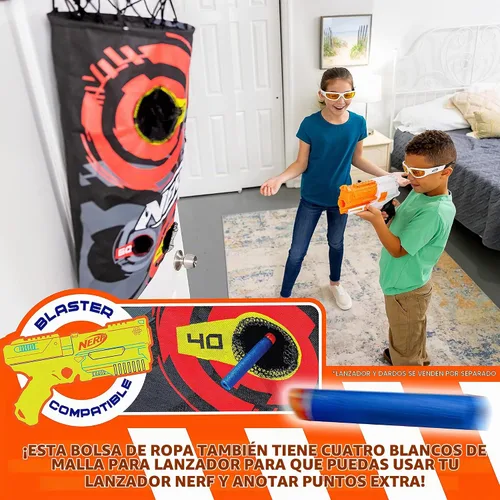 Vista 9 de NERF Cesta de aro de baloncesto – Cesta para ropa sucia sobre la puerta + objetivo de disparo – Mini canasta de aro + juego de baloncesto