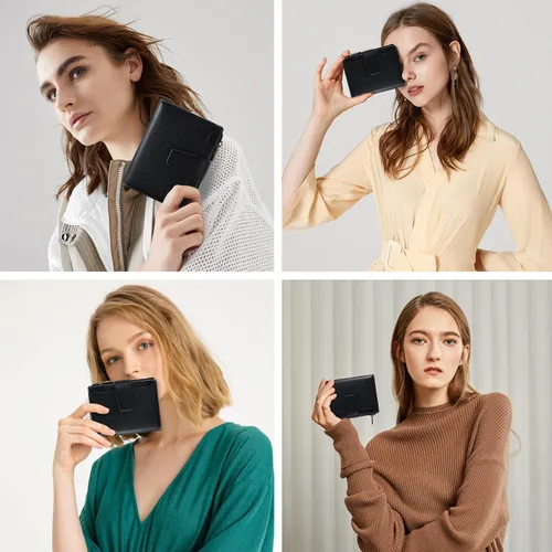 Vista 9 de Airkit Cartera para mujer, pequeña cartera de cuero para mujer, plegable, compacta, con bloqueo RFID, tarjetero de crédito, mini bolso de viaje