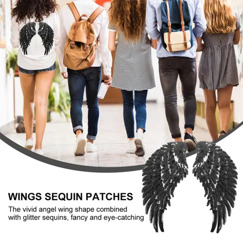 Vista 3 de Amosfun Sequin Angel Wings Embroidered Iron-on Clothes Applique Patch 2 Pairs Black DIY Garment Sewing Decor for Jackets Shirts Craft