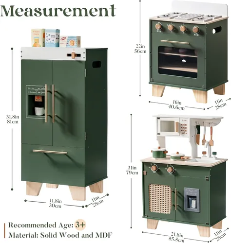 Vista 9 de ROBOTIME Juego de cocina con nevera de juguete, horno de juguete, juego de cocina de madera para niños, juego de cocina de juguete para niños de 3 4