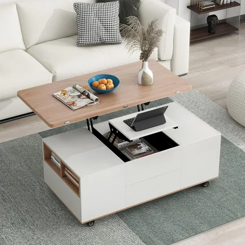 Vista 13 de Juego de 5 mesas auxiliares elevables con almacenamiento convertible con otomanas, para sala de estar, dormitorio, oficina, comedor (blanco antiguo)