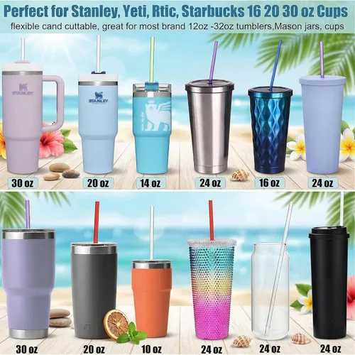 Vista 4 de 24 popotes reutilizables con 4 cepillos, popotes de plástico duro Tritan de 10.5 pulgadas de largo, 12 colores translúcidos de repuesto para vasos