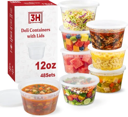 Vista 15 de Recipientes de plástico de 8 onzas con tapas (48 juegos/96 piezas) recipientes de sopa de plástico sin BPA con tapas, aptos para microondas