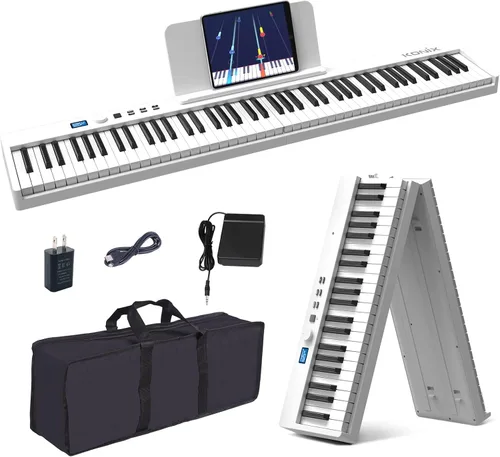 Vista 9 de KONIX Teclado de piano plegable, 88 teclas, tamaño completo, teclado plegable semiponderado, teclado electrónico portátil Bluetooth con soporte