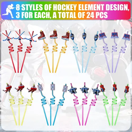Vista 4 de Roshtia Paquete de 24 popotes de hockey, popotes rizados reutilizables con decoraciones de hockey sobre hielo, popotes de bebida diaria