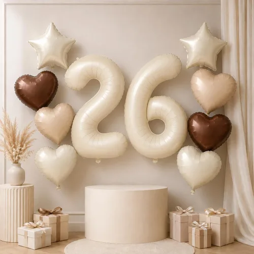 Vista 14 de Decoración de Globos Número 10 de 40 Pulgadas, Globos de Corazón Neutro de Papel de Aluminio Crema Retro Albaricoque Marrón con Globo de Helio