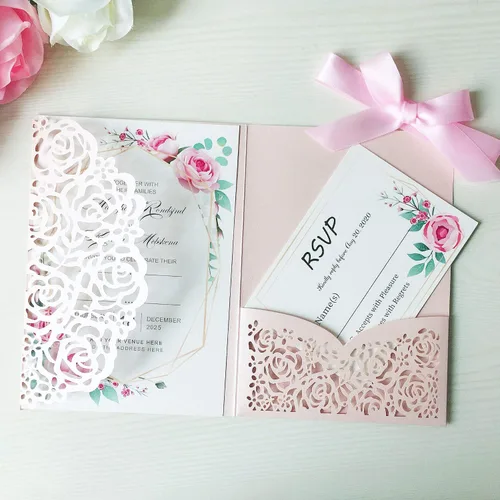 Vista 10 de 20 tarjetas de invitaciones de boda de flora cortadas con láser triples de 5.1 x 7.1 pulgadas con sobres y cintas para boda, despedida de soltera