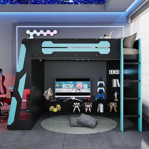Vista 3 de Cama loft para juegos, cama alta de madera tamaño matrimonial con escritorio, estantes de almacenamiento múltiple y LED, azul nube