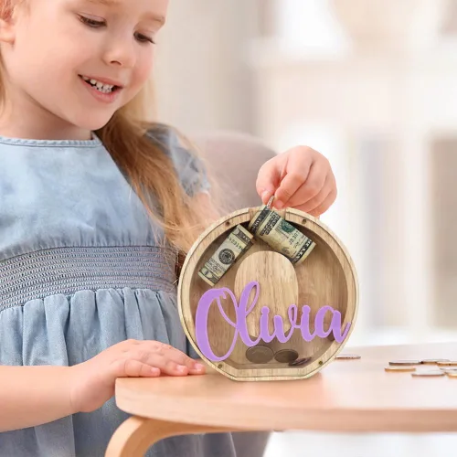 Vista 7 de Alcancía de madera personalizada para niños, alcancía personalizada para niñas, niños, caja de ahorro de dinero con 20 colores de fuente, nombre