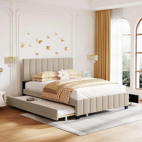 Vista 12 de Harper & Bright Designs - Base de cama de tamaño matrimonial con 2 cajones y cama corrediza individual, plataforma tapizada en el suelo con cabecera