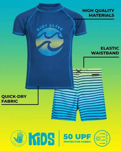 Vista 2 de Body Glove Conjunto de natación para niños, 4 piezas UPF 50+ traje de baño y camiseta de protección para niños (tallas 4-12)