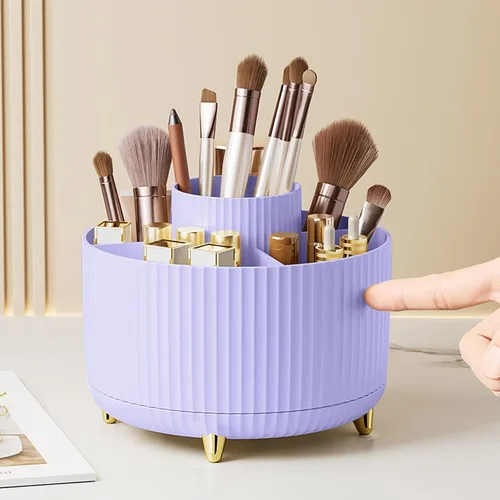 Vista 12 de Organizador para brochas de maquillaje, organizador de brochas de maquillaje giratorio 360°, taza con 5 ranuras para brochas de maquillaje
