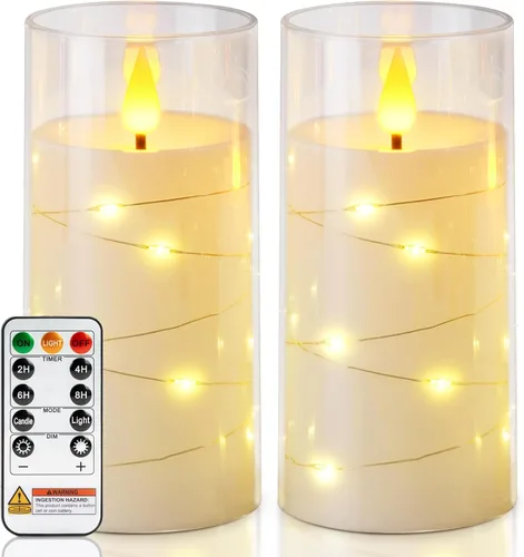 Vista 9 de Homemory Velas sin llama con cadena de estrellas incrustadas, velas que funcionan con pilas, velas LED, velas falsas con control remoto y Azul
